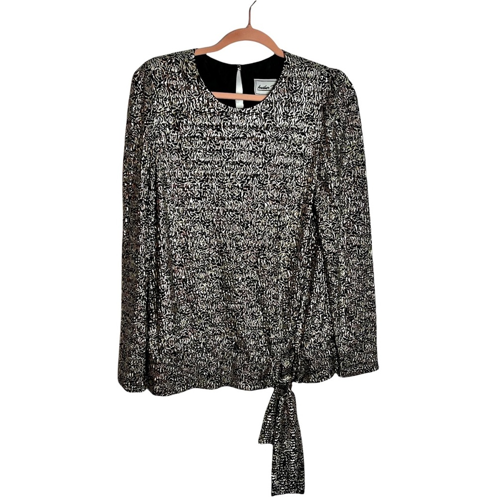 Vintage floral silver black puff sleeve top 80’s